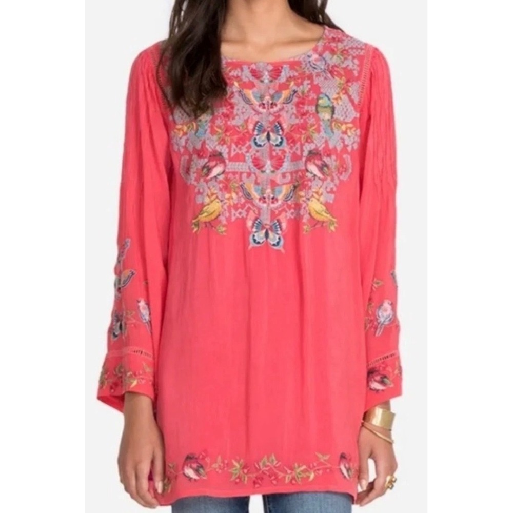 NEW Johnny Was Farfalla Blouse Coral Embroidered Birds Butterfly Tunic Boho Top